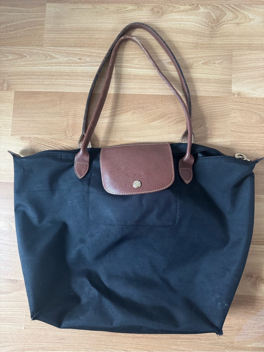 Longchamp Le Pliage Original L Tote Bag in Black with Brown Leather Trim